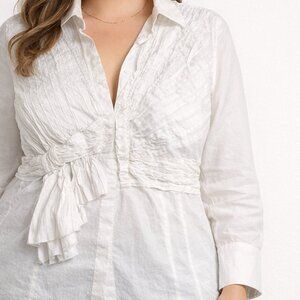 Nygard Collection | Ivory Button Down Gathered Ruffle Designer Blouse Shirt 16